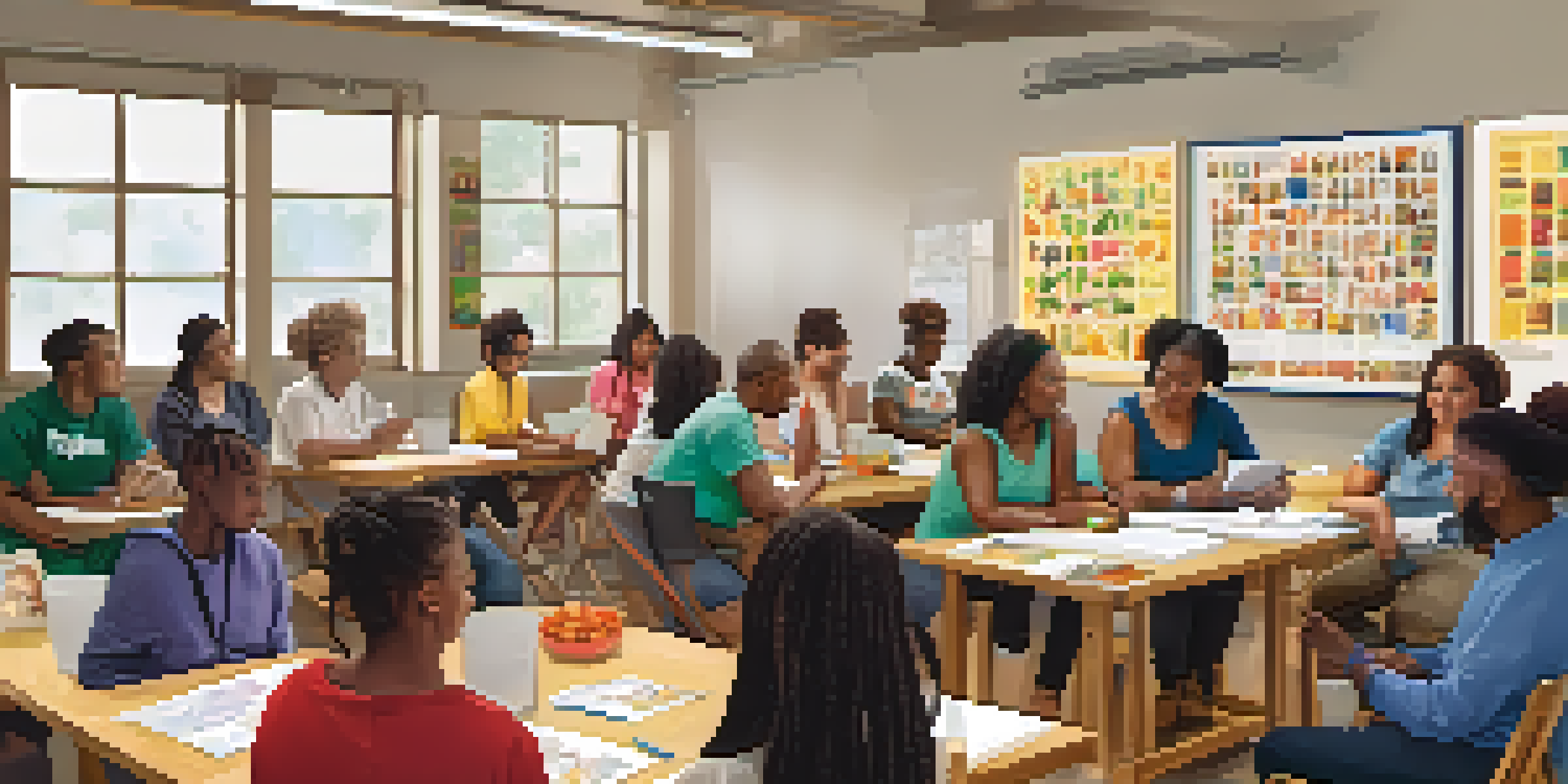 A diverse group of individuals participating in a health literacy workshop, with colorful posters and visual aids around them.