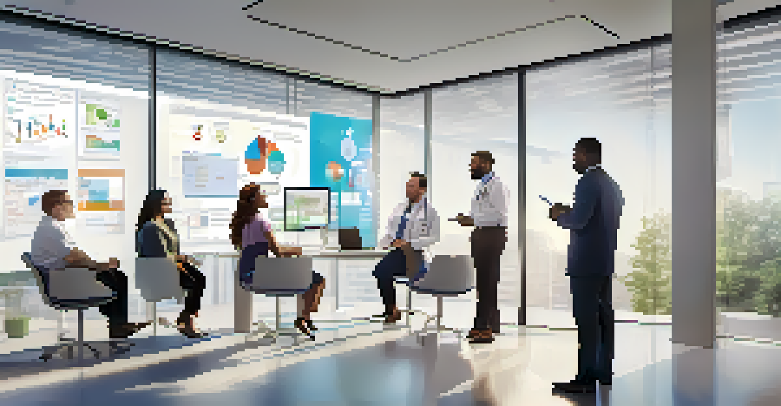 A diverse group of healthcare professionals discussing digital therapeutics in a modern office with a digital whiteboard.