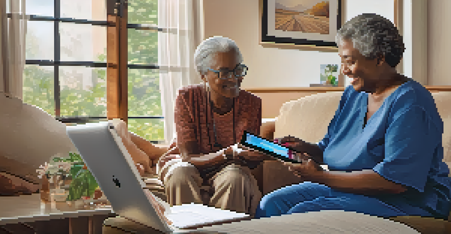 An elderly woman getting help from a community health worker with a tablet for a telehealth appointment in a warm and inviting living room.
