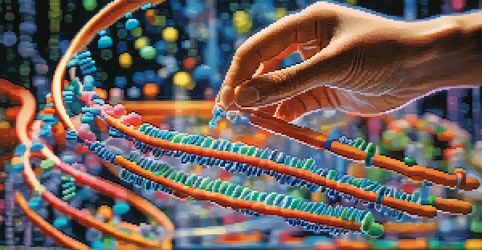 A close-up of a scientist's hands working with a DNA model, showcasing colorful epigenetic markers in a laboratory setting.