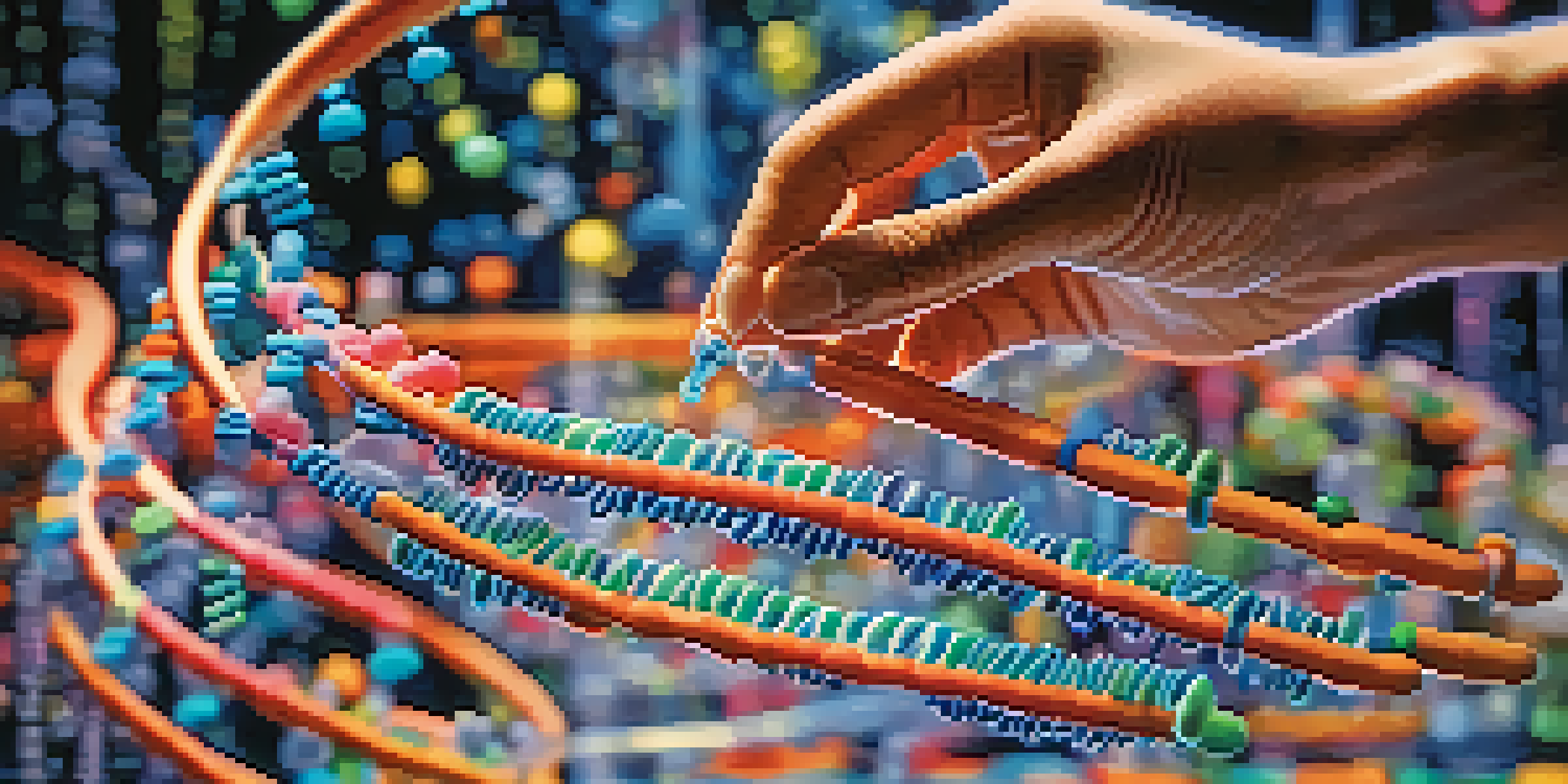 A close-up of a scientist's hands working with a DNA model, showcasing colorful epigenetic markers in a laboratory setting.