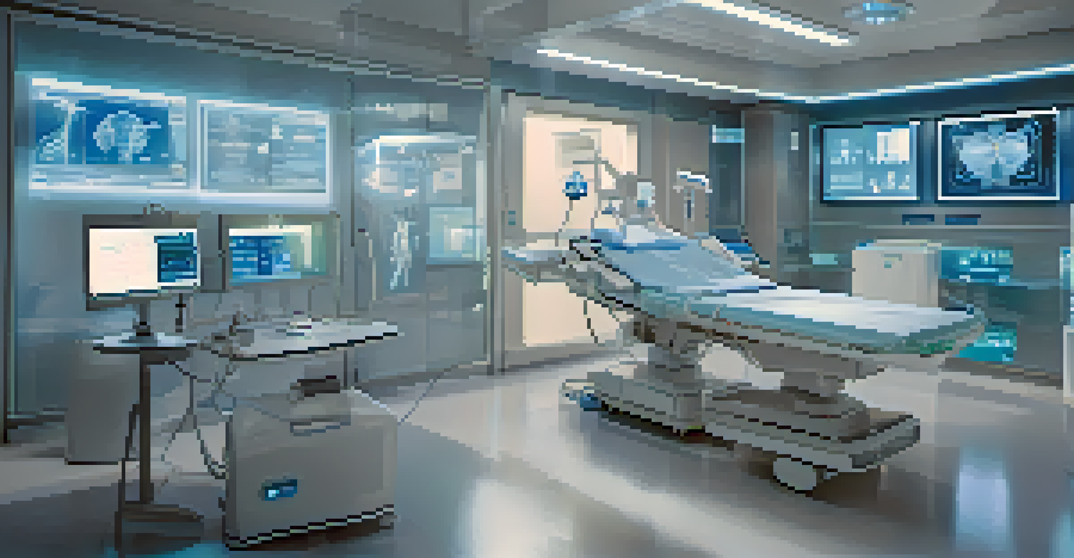 A high-tech hospital room with holographic patient data and advanced diagnostic tools.