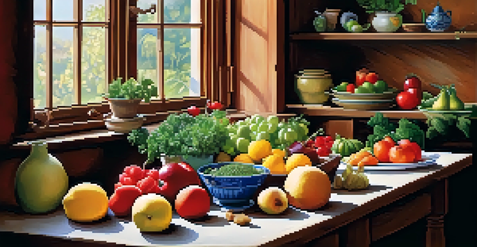 A table filled with colorful fruits and vegetables in a rustic kitchen setting, illuminated by soft natural light.
