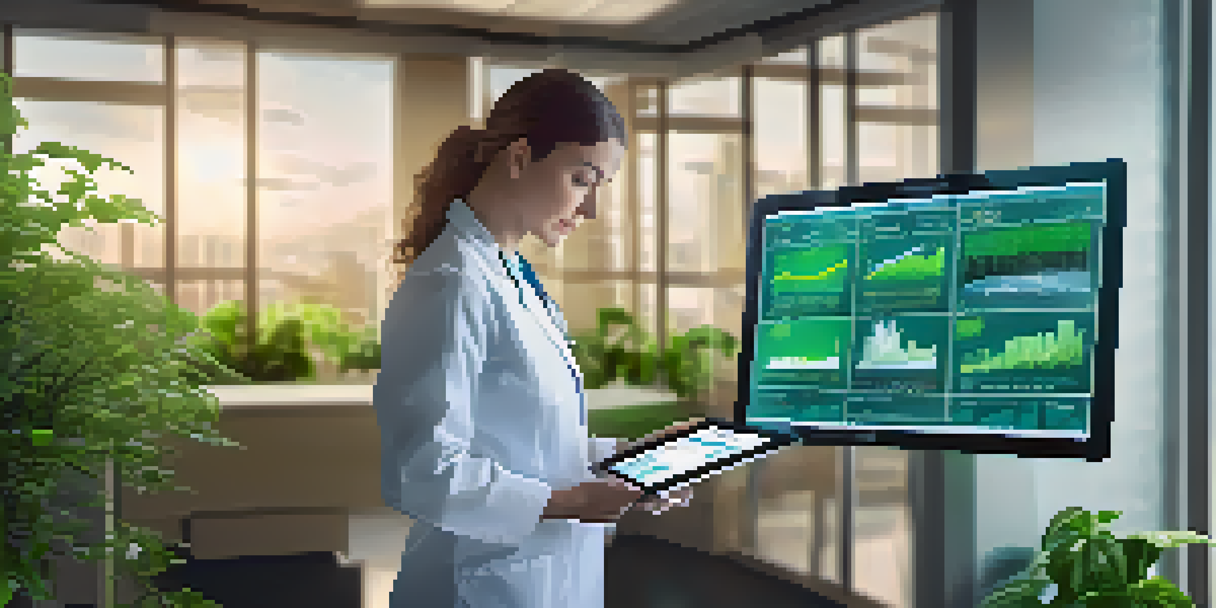 A healthcare professional examining genomic data on a tablet in a modern office with plants and natural light.