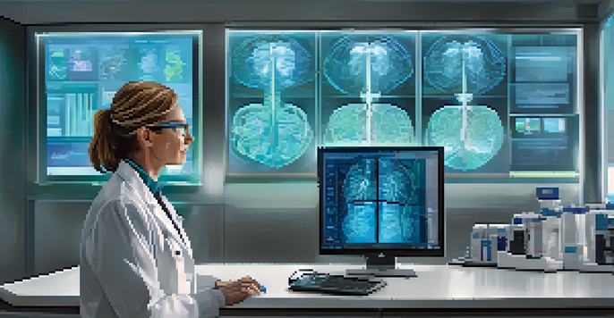 A doctor in a modern healthcare setting analyzing medical images with a high-tech screen, illuminated by soft natural light.