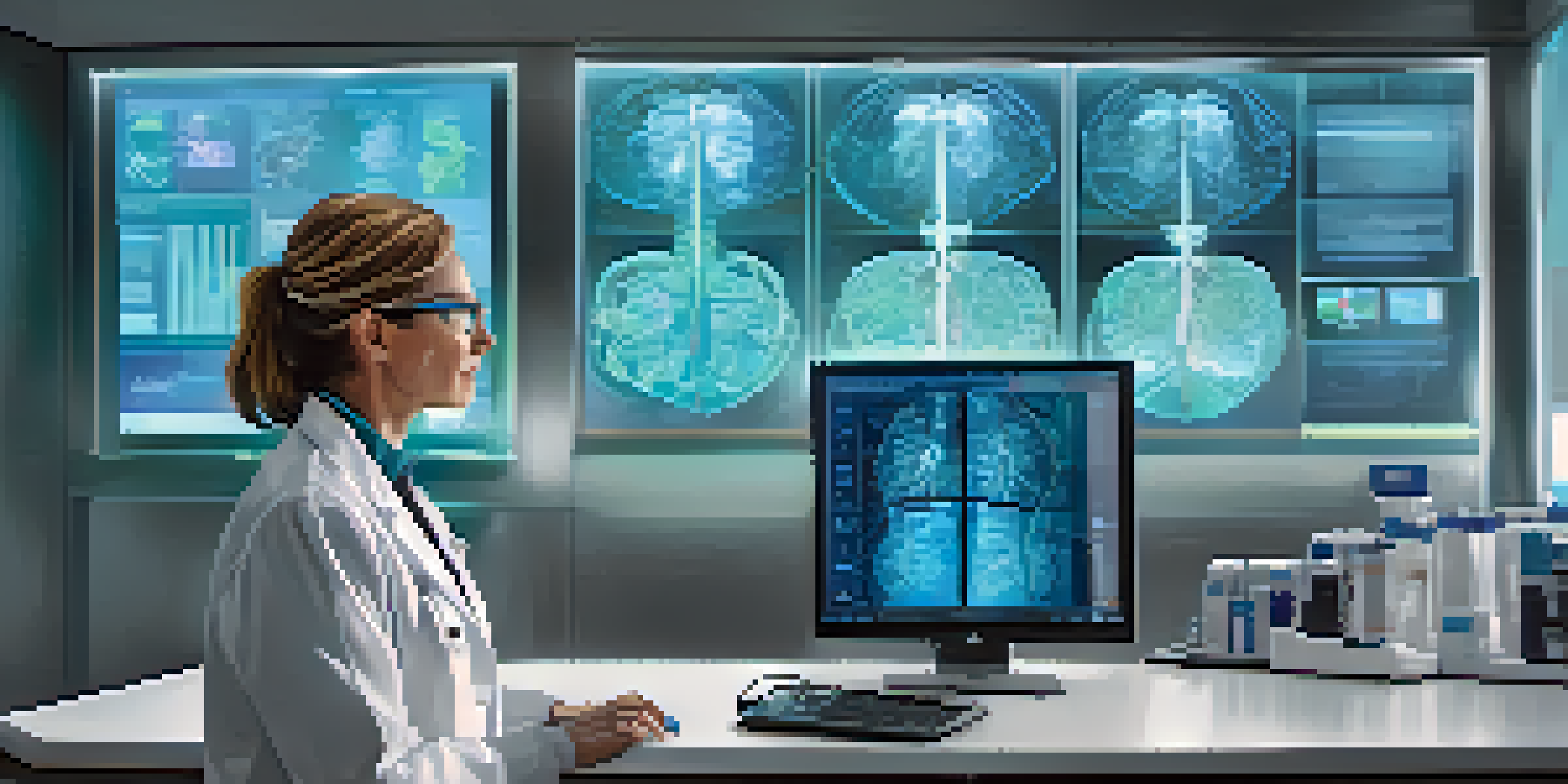 A doctor in a modern healthcare setting analyzing medical images with a high-tech screen, illuminated by soft natural light.