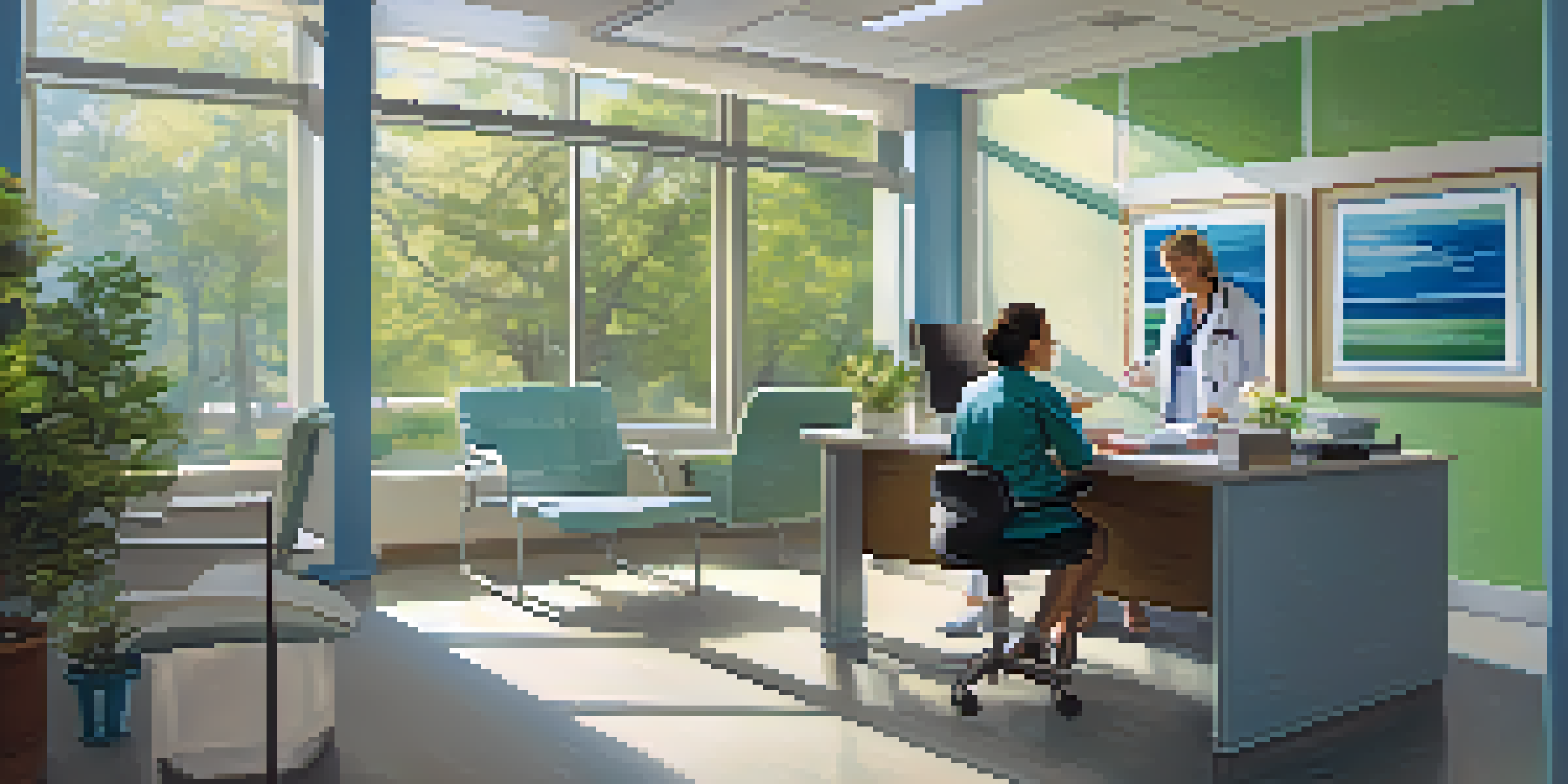 A patient advocate listening to a patient in a bright and welcoming healthcare office.