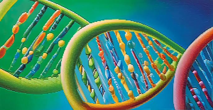 A detailed close-up of a DNA double helix with colorful genetic markers against a soft blue and green gradient background.