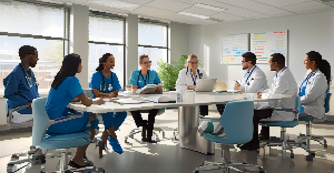 A diverse healthcare team meeting in a hospital room, discussing patient care improvements with laptops and notepads.