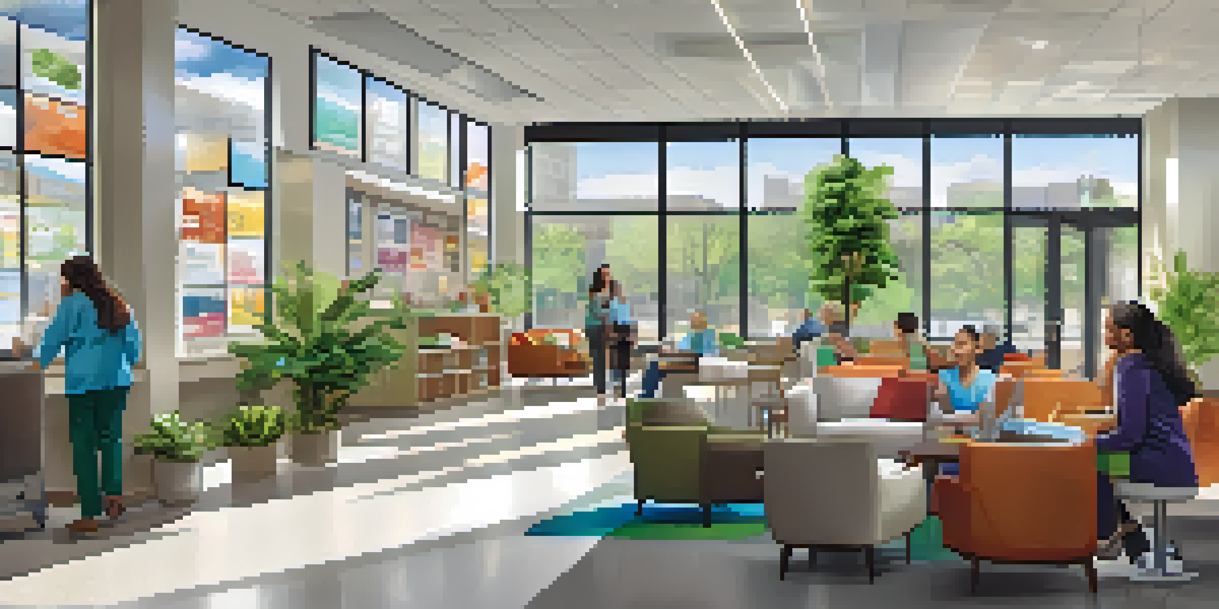 A busy healthcare center with diverse people interacting with healthcare staff in a bright, inviting environment.