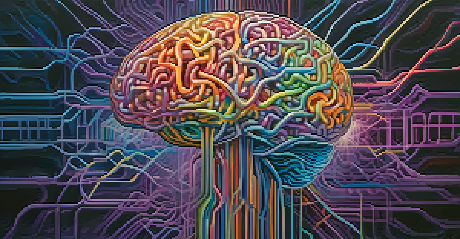 An artistic depiction of a human brain with colorful neural pathways and abstract shapes in blues and purples.