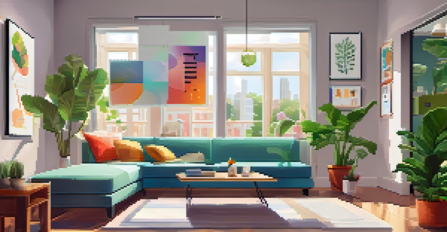 A person using a fitness app on a smartphone in a modern living room, with a wearable fitness tracker on their wrist, and motivational posters on the walls.