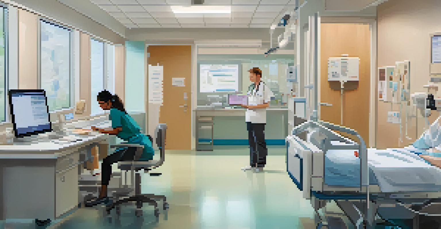 A nurse collaborating with a specialist on a video call in a hospital room.