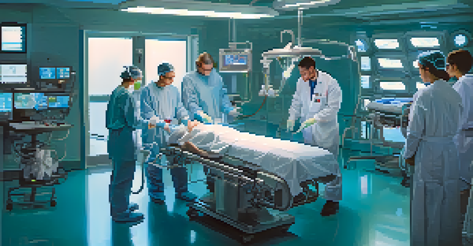 A futuristic operating room where a patient is receiving a lab-grown organ transplant, with a surgical team and advanced technology.