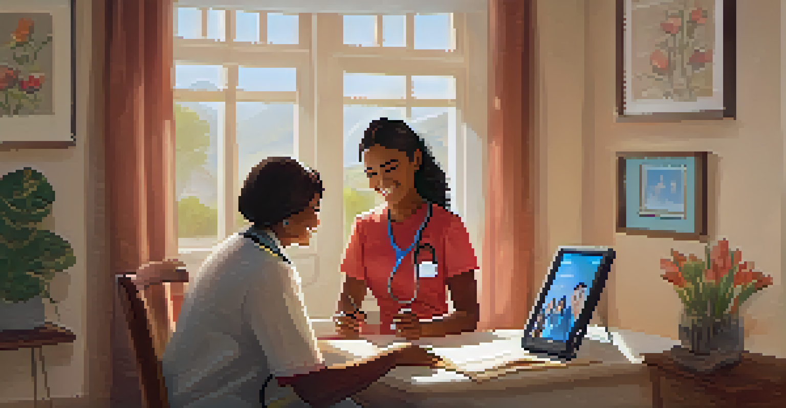 A nurse conducts a telehealth session with a patient at home, showing a warm and engaging interaction.