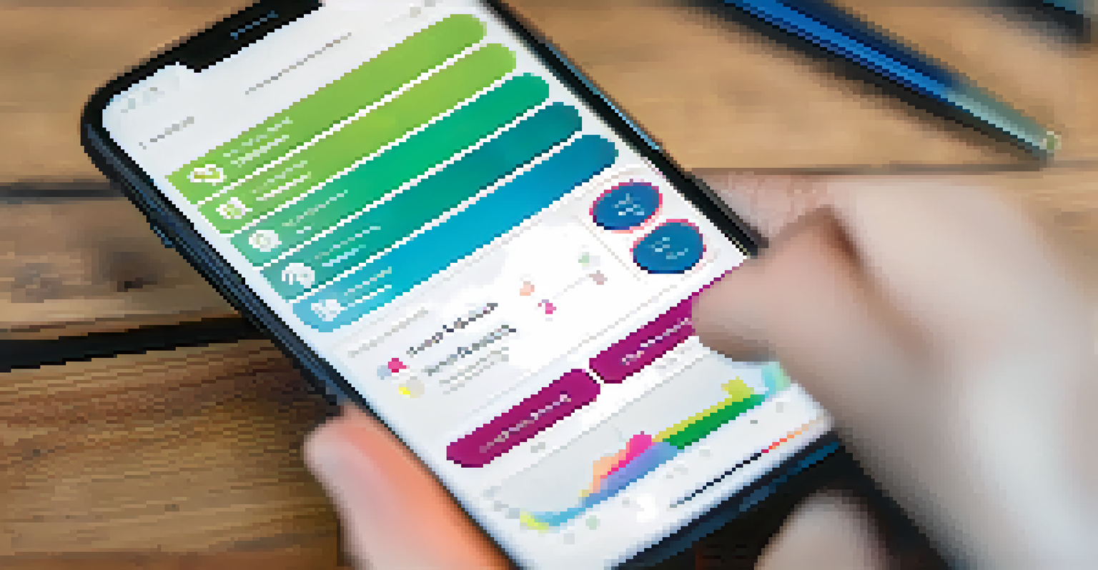 A close-up of a hand holding a smartphone with a mental health app displaying mood tracking and progress notes.