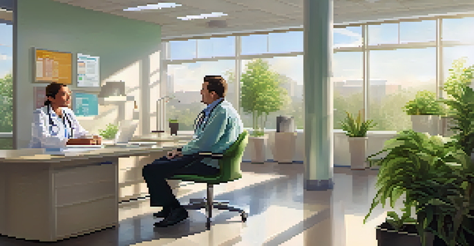 A healthcare leader conversing supportively with a nurse in a modern hospital office, with sunlight and plants around them.