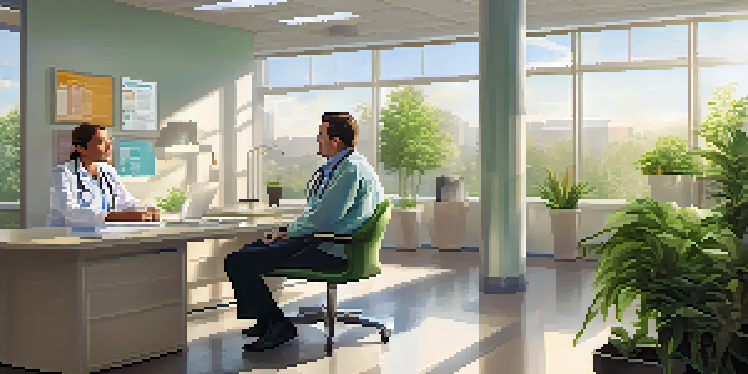 A healthcare leader conversing supportively with a nurse in a modern hospital office, with sunlight and plants around them.