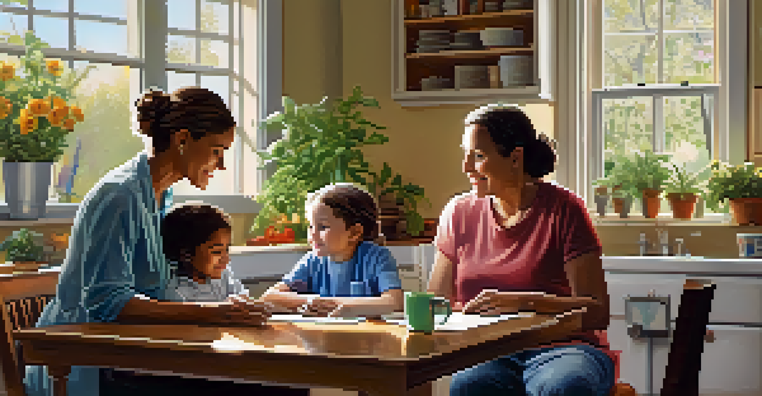 A community health worker providing assistance to a family at their kitchen table, fostering a supportive environment.