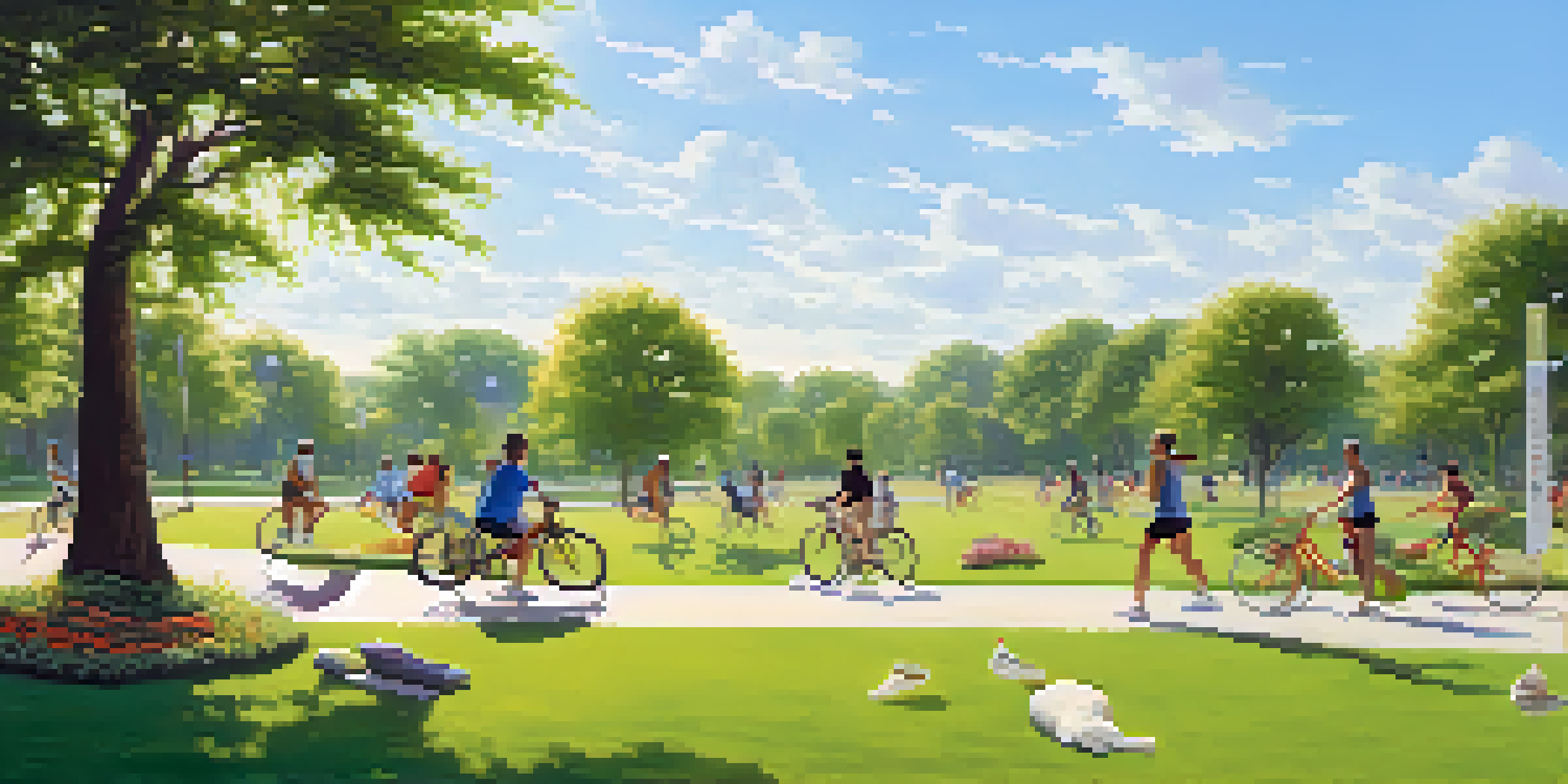 A diverse group of people participating in outdoor fitness activities in a sunny park.