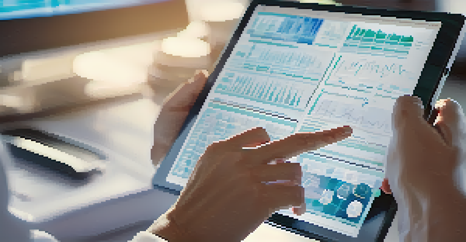 Close-up of a healthcare professional's hands using a tablet to access patient records in a modern clinic.