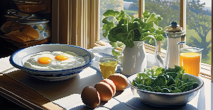A kitchen table set for breakfast with yogurt, leafy greens, and eggs under soft morning light.