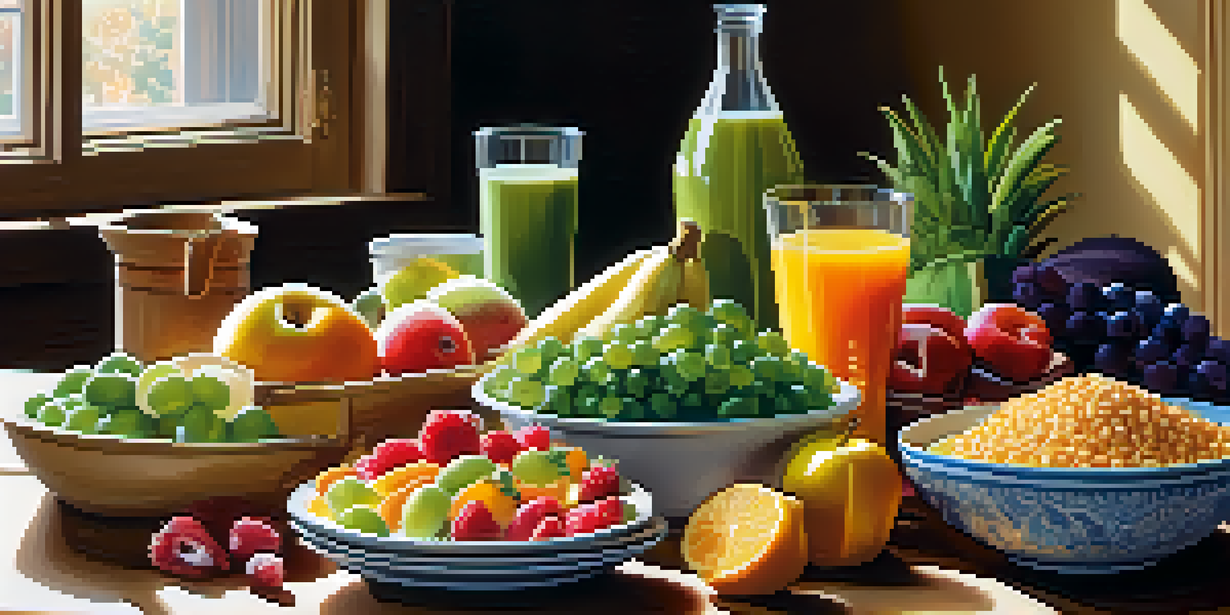 A colorful array of fruits, vegetables, whole grains, and lean proteins arranged on a wooden table, illuminated by warm sunlight.