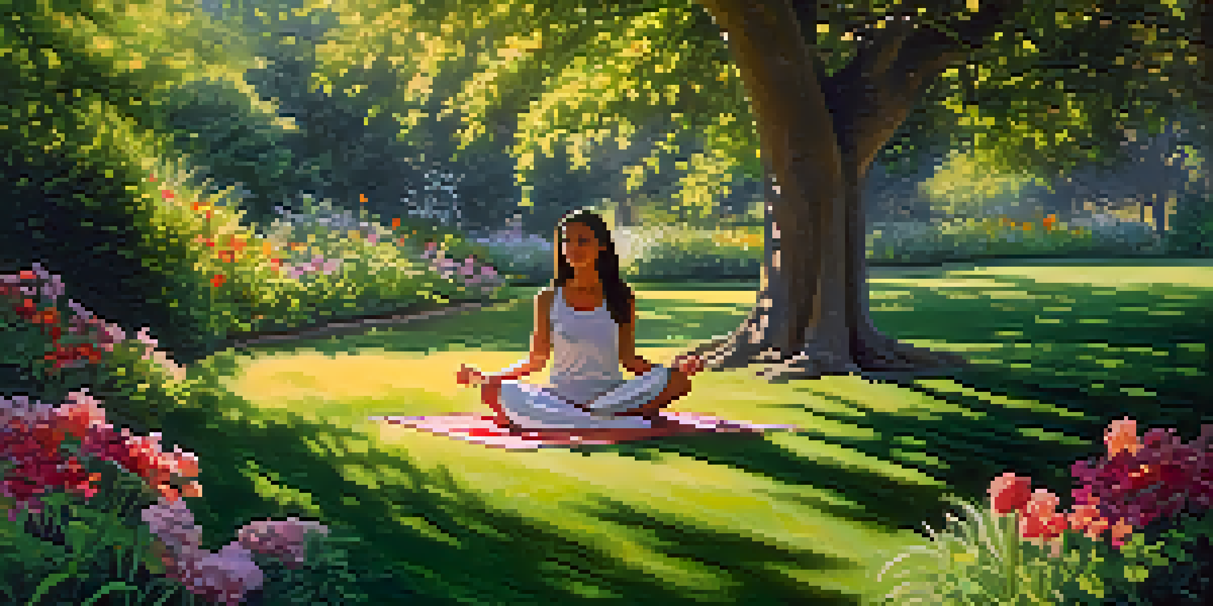 A woman meditating in a peaceful garden surrounded by colorful flowers and butterflies, with sunlight filtering through the trees.