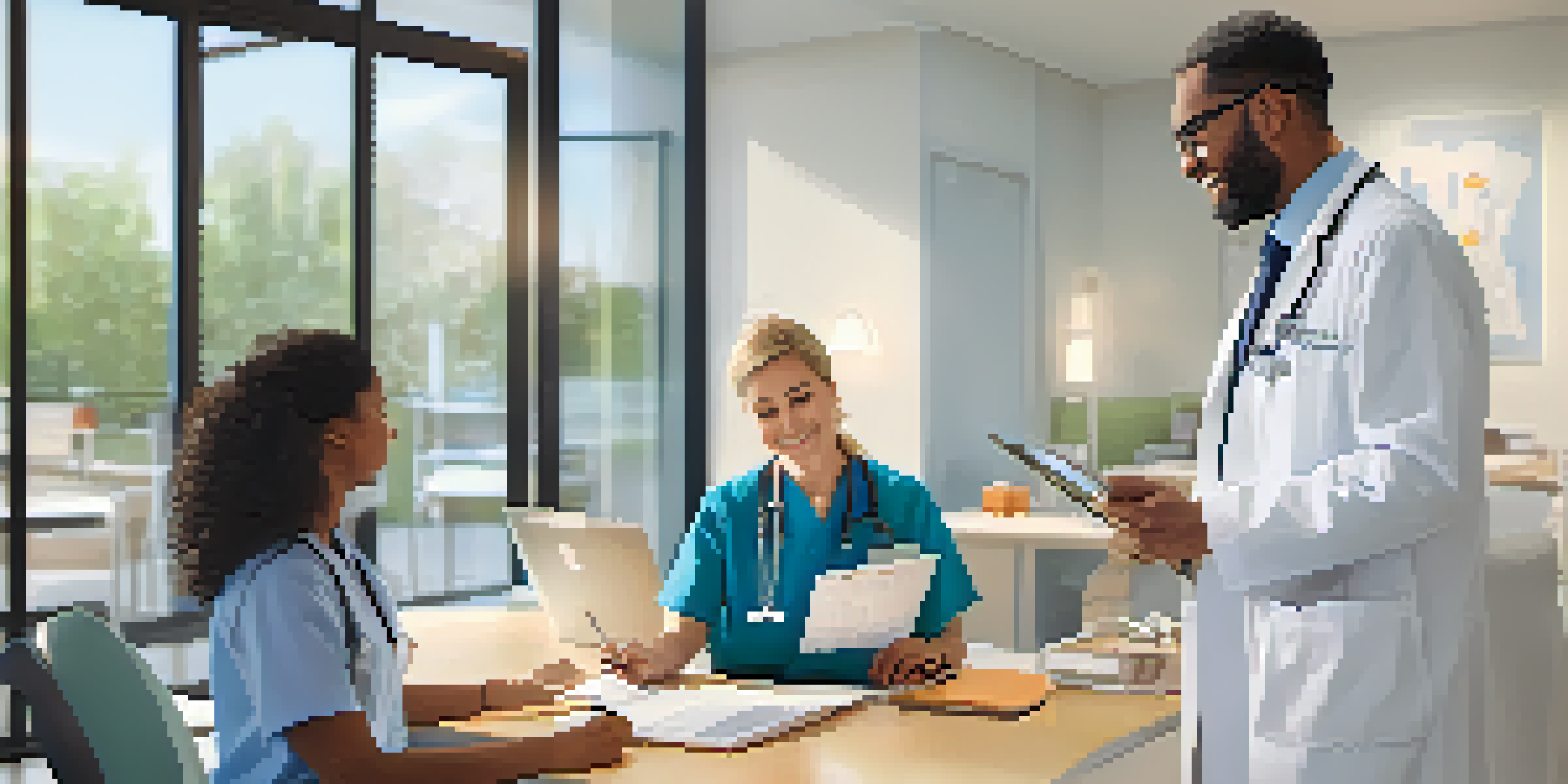 A healthcare professional and a patient engaged in a discussion about a chronic care plan in a modern clinic setting.