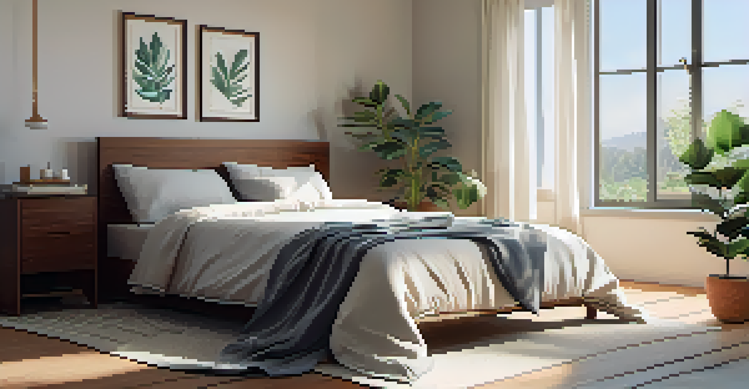 A peaceful bedroom with a comfy bed, yoga mat on the floor, and an open window, creating a serene atmosphere.