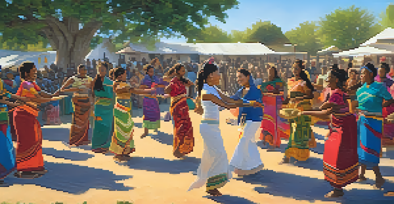 A lively cultural healing ceremony with dancing participants, traditional instruments, and colorful fabrics in a community space.