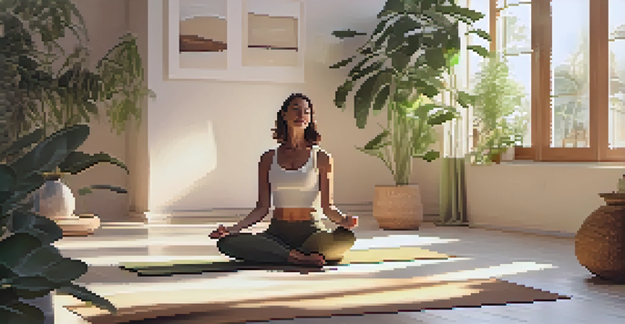 A middle-aged woman practicing yoga in a sunlit room filled with plants, soft colors, and calming decor.