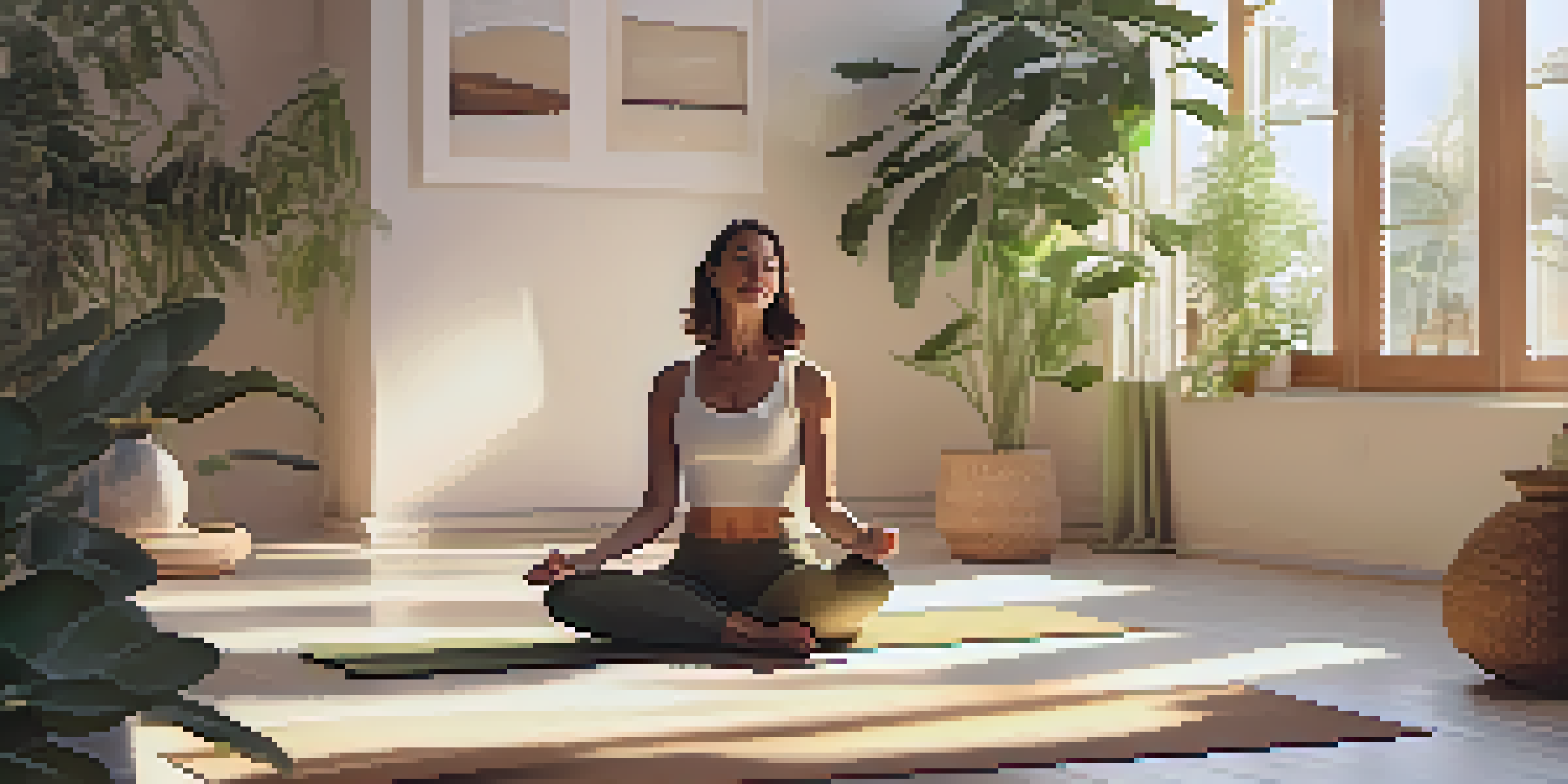 A middle-aged woman practicing yoga in a sunlit room filled with plants, soft colors, and calming decor.