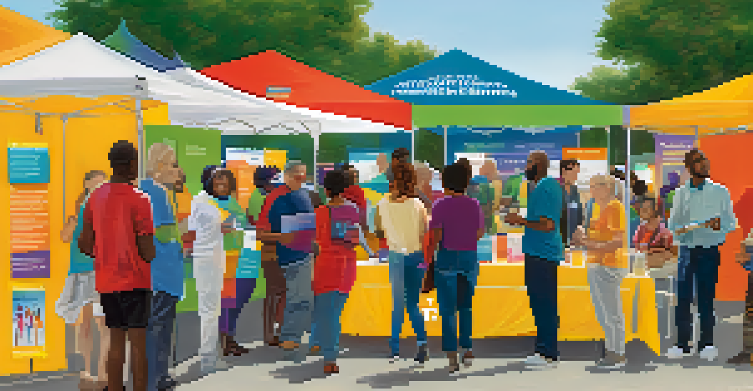 A community health fair with diverse individuals receiving information about genetic testing from volunteers.
