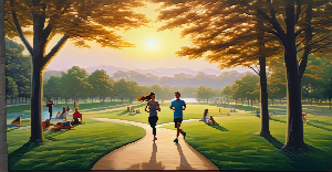 A diverse group of people enjoying physical activities in a lush park at sunset, including jogging and yoga.