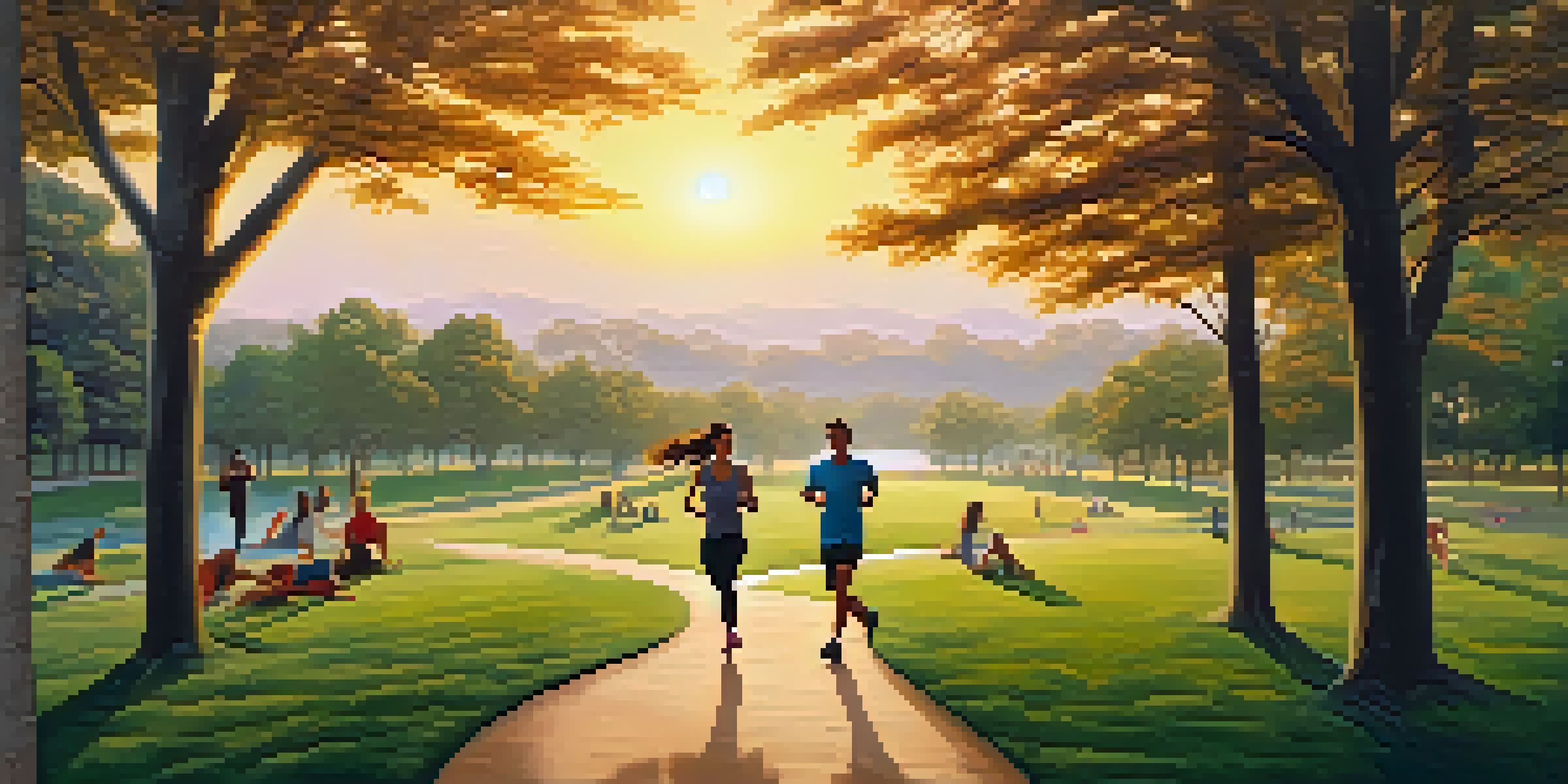 A diverse group of people enjoying physical activities in a lush park at sunset, including jogging and yoga.
