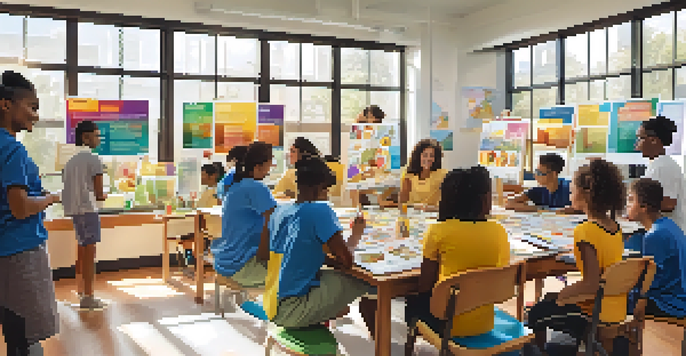 A group of diverse students actively participating in a health education workshop with colorful posters in the background.