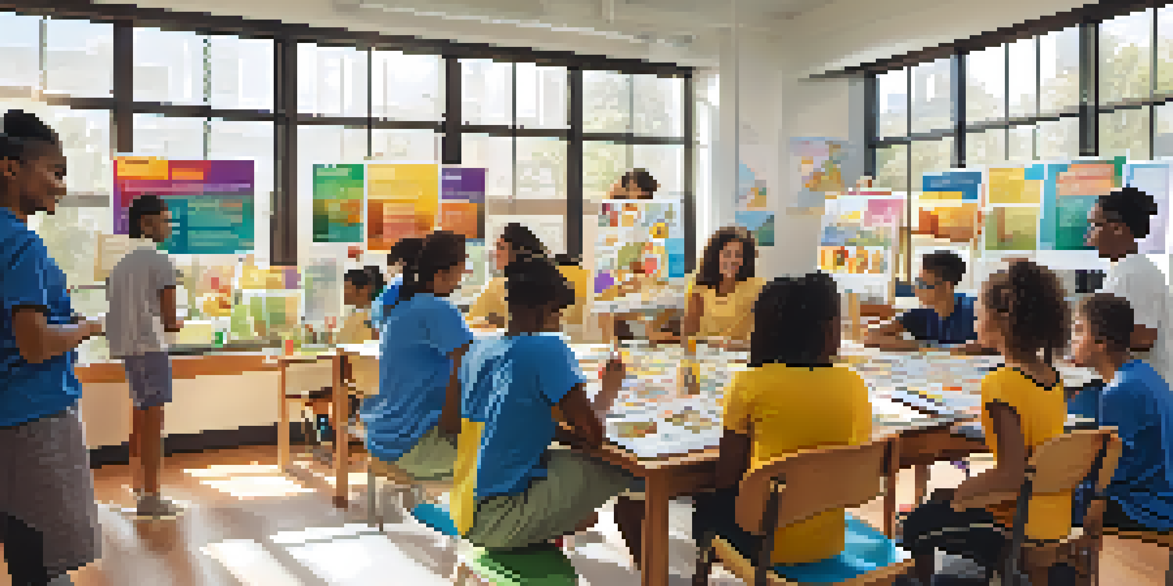 A group of diverse students actively participating in a health education workshop with colorful posters in the background.