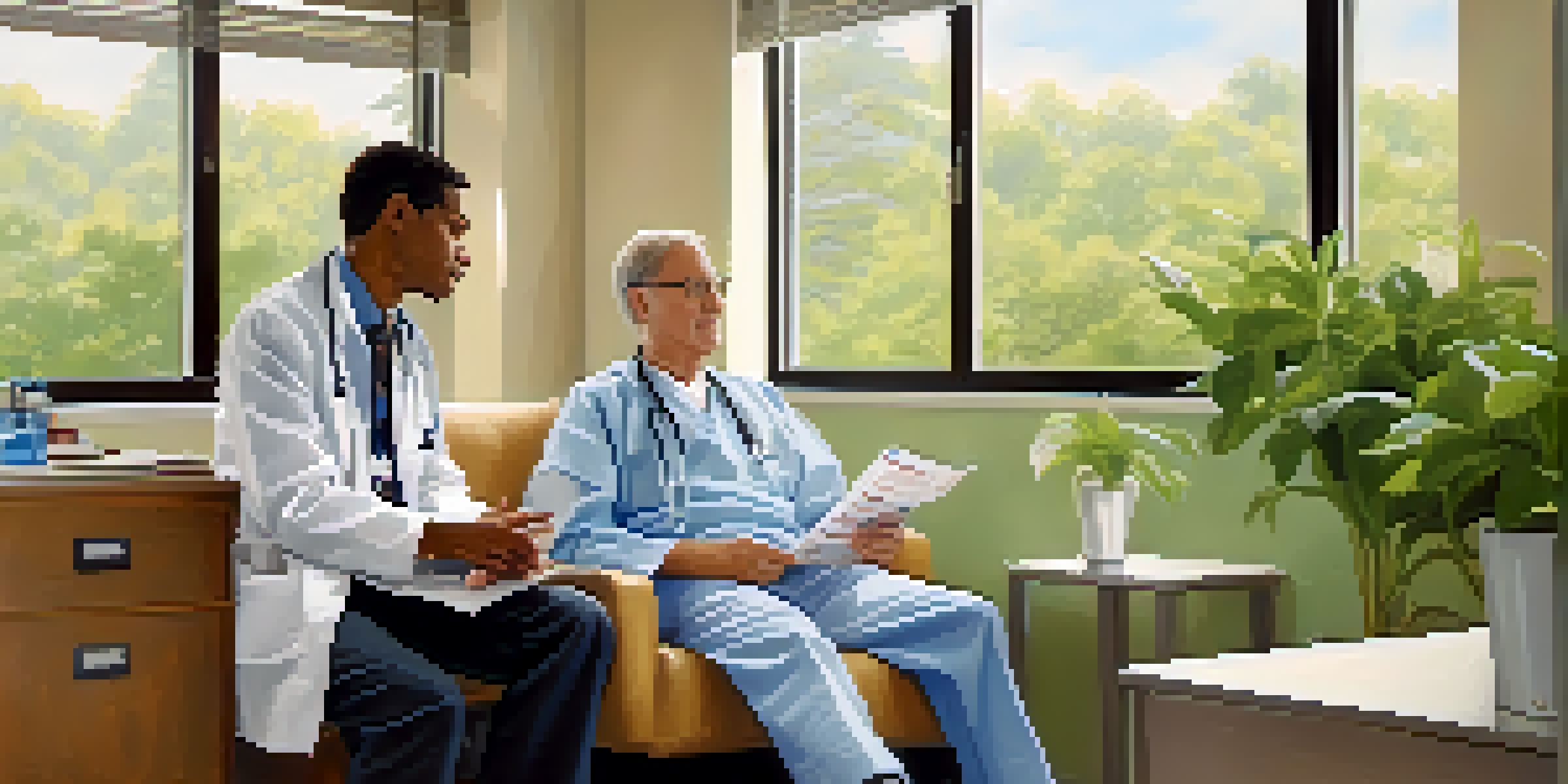 A healthcare provider discussing medication with a patient in a bright doctor's office, with charts and plants in the background.