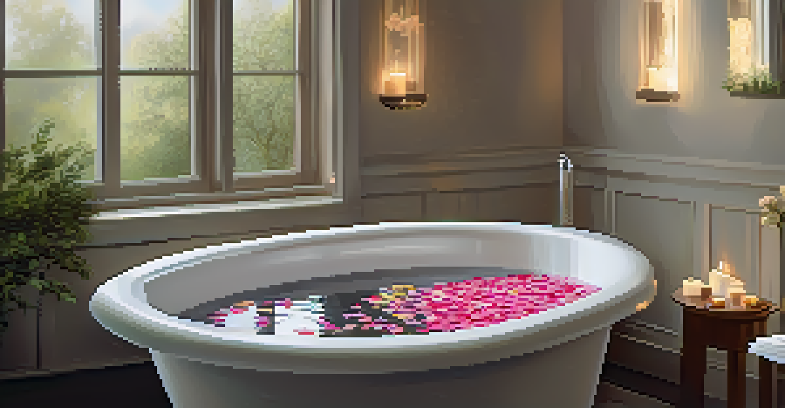 A relaxing bathroom scene with a warm bath, essential oils, and candles, creating a tranquil atmosphere.