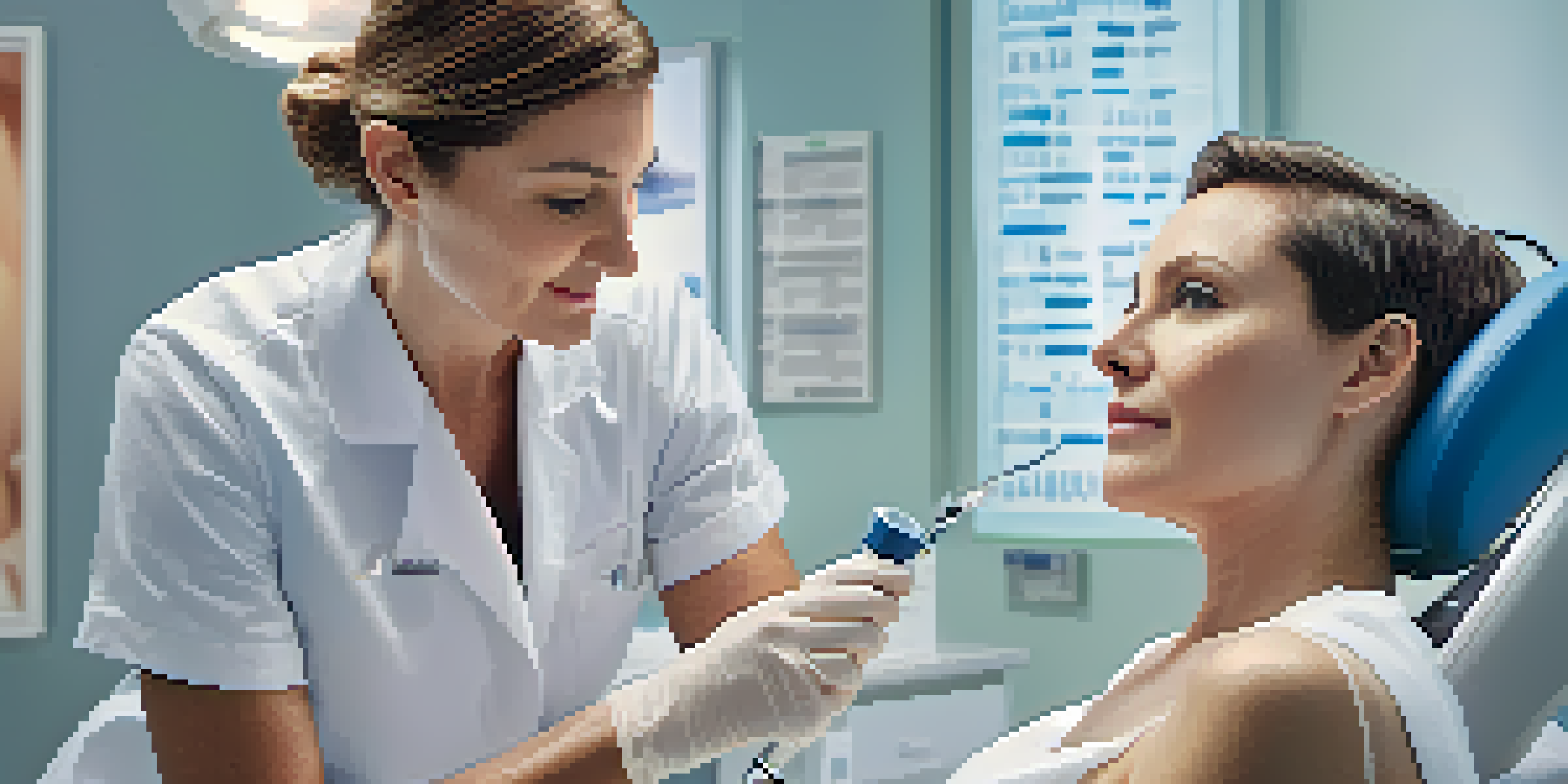 A dermatologist examining a patient's skin using a dermatoscope in a bright clinic, showcasing a calm and professional environment.