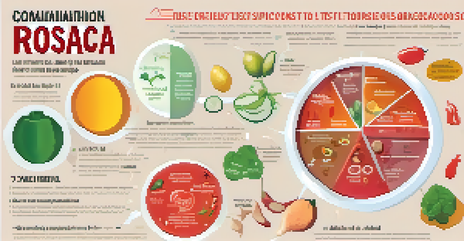 An infographic illustrating common triggers of rosacea, including icons for spicy food, alcohol, and sun exposure, designed in a light and colorful style.