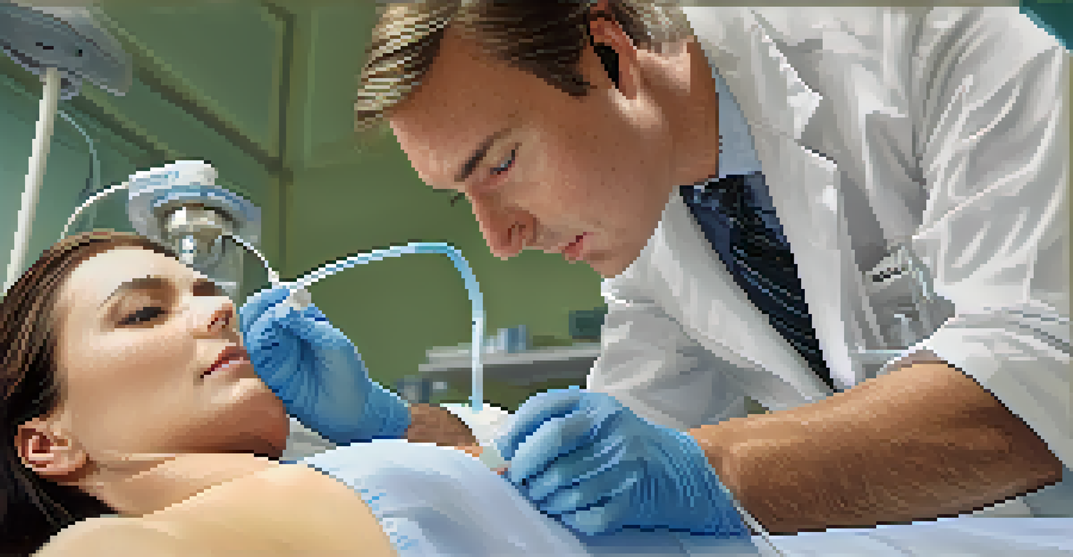 A dermatologist performing a skin biopsy on a patient's arm in a clinical setting, with medical equipment visible.