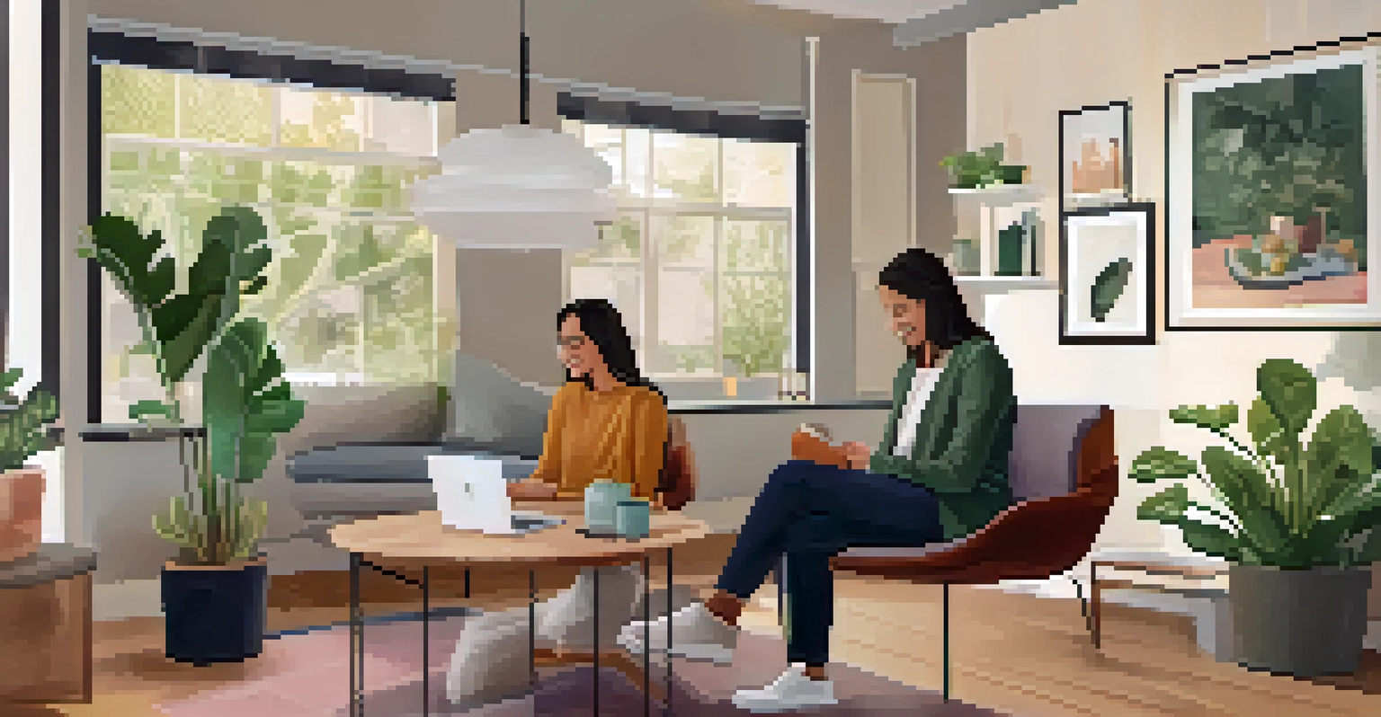 A therapist and client engaged in a video call session, showing a cozy and inviting atmosphere in both their settings.