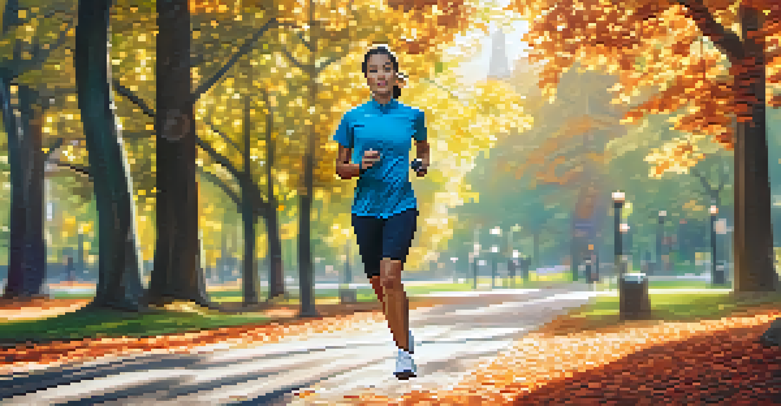 A person jogging with a fitness tracker showing health metrics in a sunny park.