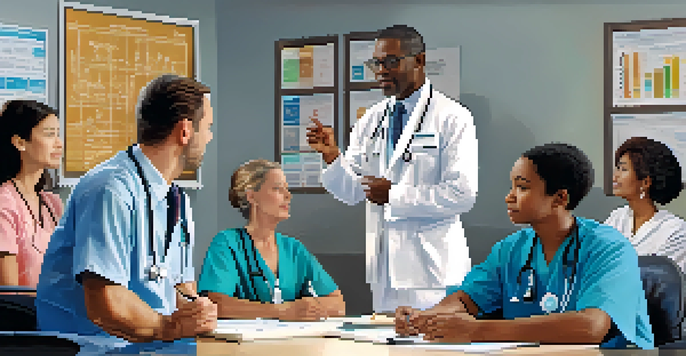 A healthcare provider explaining medical information to a diverse group of patients in a bright and welcoming room.