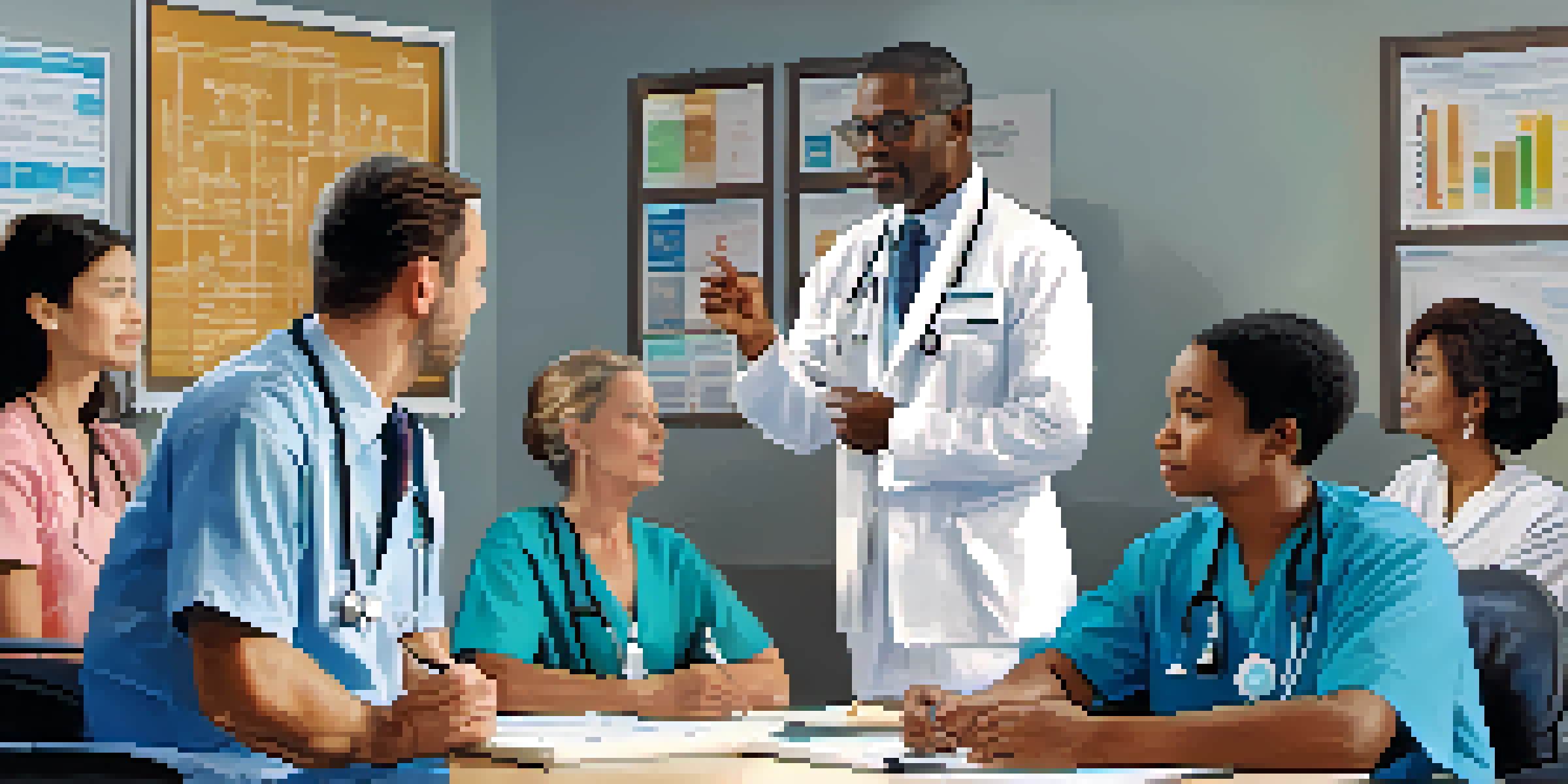 A healthcare provider explaining medical information to a diverse group of patients in a bright and welcoming room.