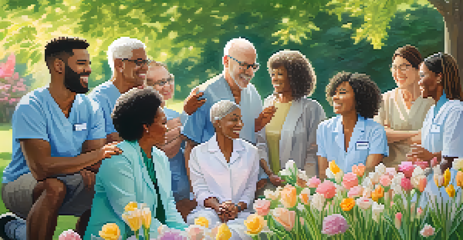 A group of cancer survivors and medical professionals celebrating in a sunny park filled with blooming flowers.
