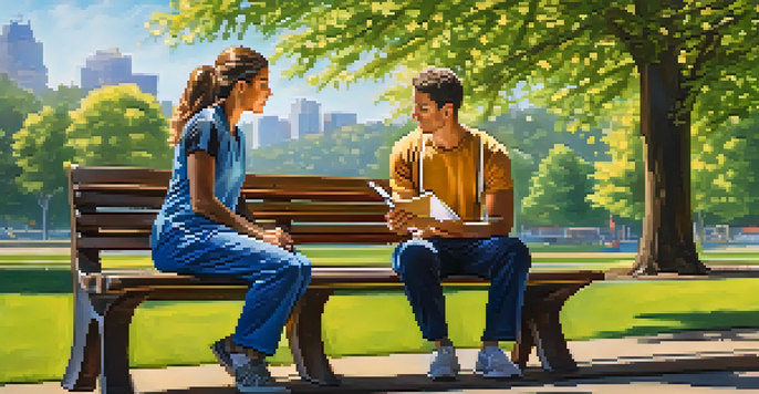 A health coach and a client discussing goals on a park bench surrounded by trees and flowers, under warm sunlight.