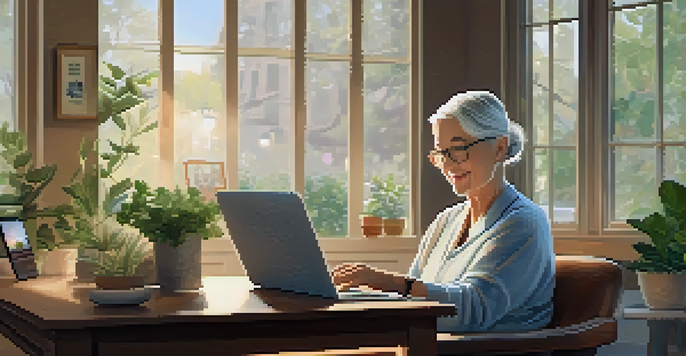 An older adult woman having a video consultation with a healthcare provider in her living room, surrounded by houseplants and family photos.